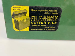 VINTAGE FILE-A-WAY GREEN METAL FILE BOX (ORIGINAL STICKER TAG! SO RARE!)