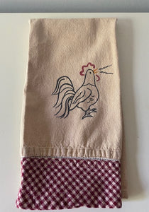FARMHOUSE ROOSTER DISH TOWEL WITH CHECKED-PATTERN WIDE BORDER--EXTRA BIG AND BEAUTIFUL!