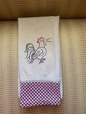 FARMHOUSE ROOSTER DISH TOWEL WITH CHECKED-PATTERN WIDE BORDER--EXTRA BIG AND BEAUTIFUL!
