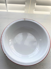 VINTAGE, LARGE, ROUND WHITE WITH RED TRIM, ENAMEL WASH BASIN--BEAUTIFUL AND CLASSIC