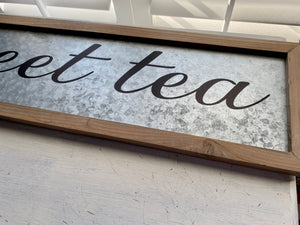 SUPER-PRETTY "SWEET TEA" GALVANIZED SIGN WITH WOOD FRAME--HAPPY UP YOUR KITCHEN WALL