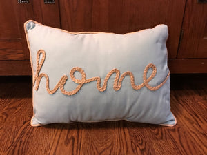 GORGEOUS, AQUA ROPE-WORD "HOME" LUMBAR-STYLE PILLOW