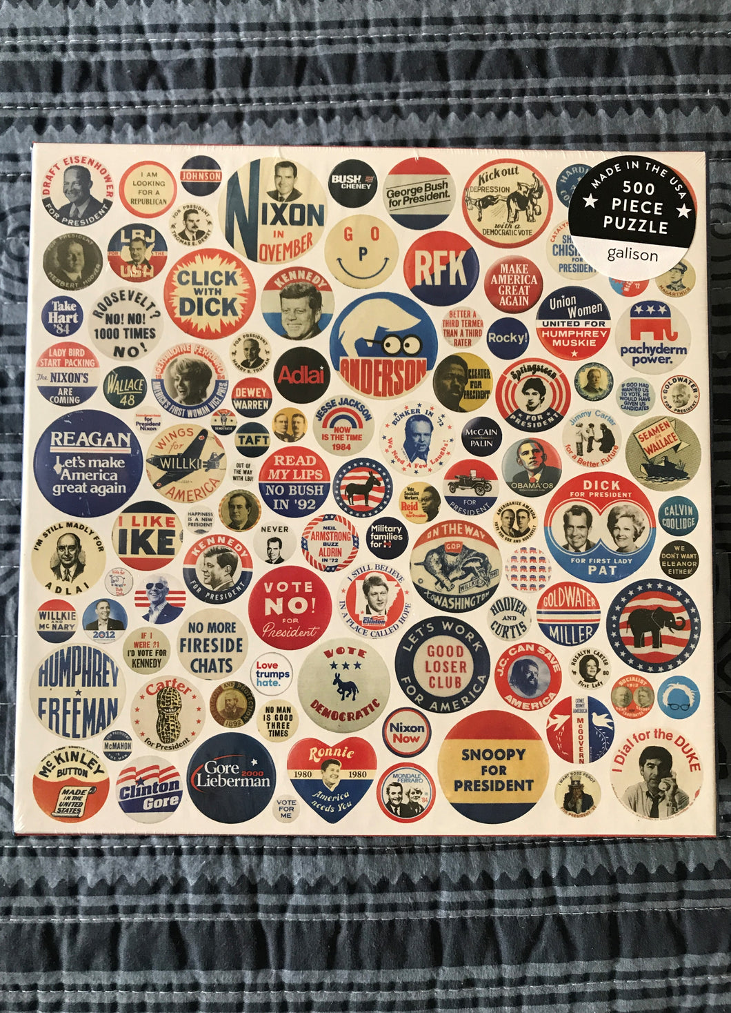 500-PIECE AMERICANA-THEMED PUZZLE:  FUN, INTERESTING, HISTORIC PRESIDENTIAL CAMPAIGN BUTTONS (MADE IN THE USA!)