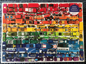 1,000-PIECE PUZZLE RRROOM! OMBRE RAINBOW ROWS OF VINTAGE-ISH TOY CARS (ONE OF MY FAVORITE ITEMS)