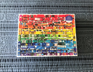 1,000-PIECE PUZZLE RRROOM! OMBRE RAINBOW ROWS OF VINTAGE-ISH TOY CARS (ONE OF MY FAVORITE ITEMS)