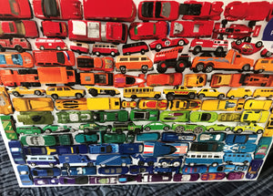 1,000-PIECE PUZZLE RRROOM! OMBRE RAINBOW ROWS OF VINTAGE-ISH TOY CARS (ONE OF MY FAVORITE ITEMS)