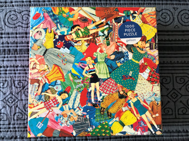 1,000-PIECE PUZZLE WITH RETRO, RAINBOW-COLORED PAPER DOLL COLLAGE