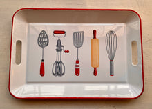 VINTAGE-LOOK, ENAMELED TRAY:  WHITE WITH RED EDGES, BUILT-IN HANDLES, AND THE MOST BEAUTIFUL RETRO-STYLE ARTWORK