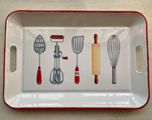 VINTAGE-LOOK, ENAMELED TRAY:  WHITE WITH RED EDGES, BUILT-IN HANDLES, AND THE MOST BEAUTIFUL RETRO-STYLE ARTWORK