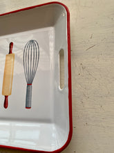 VINTAGE-LOOK, ENAMELED TRAY:  WHITE WITH RED EDGES, BUILT-IN HANDLES, AND THE MOST BEAUTIFUL RETRO-STYLE ARTWORK