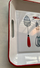 VINTAGE-LOOK, ENAMELED TRAY:  WHITE WITH RED EDGES, BUILT-IN HANDLES, AND THE MOST BEAUTIFUL RETRO-STYLE ARTWORK