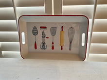 VINTAGE-LOOK, ENAMELED TRAY:  WHITE WITH RED EDGES, BUILT-IN HANDLES, AND THE MOST BEAUTIFUL RETRO-STYLE ARTWORK