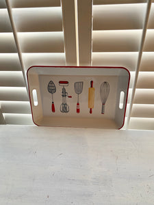 VINTAGE-LOOK, ENAMELED TRAY:  WHITE WITH RED EDGES, BUILT-IN HANDLES, AND THE MOST BEAUTIFUL RETRO-STYLE ARTWORK