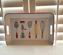 VINTAGE-LOOK, ENAMELED TRAY:  WHITE WITH RED EDGES, BUILT-IN HANDLES, AND THE MOST BEAUTIFUL RETRO-STYLE ARTWORK