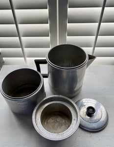 HUGE, FOUR-PIECE DRIP-O-LATOR VINTAGE ALUMINUM COFFEE POT SET (18-CUP "THE BETTER DRIP COFFEE MAKER")--MADE IN THE USA