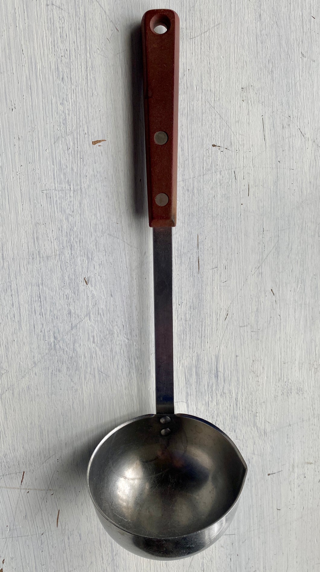 VINTAGE EKCO FORGE WOOD-HANDLED, STAINLESS STEEL LADLE--MADE IN THE USA