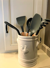 BIG, BEAUTIFUL WHITE ROOSTER/WHITE UTENSIL CROCK WITH SIX VERY NICE UTENSILS