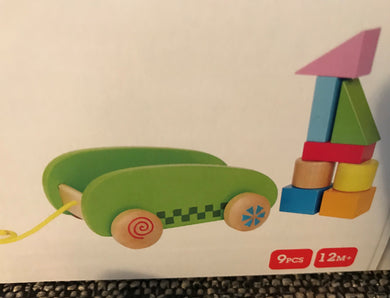 LITTLE WOOD WAGON PULL TOY, FILLED WITH COLORFUL BLOCKS