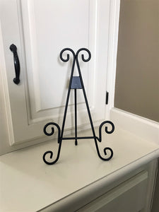 BLACK, LARGE, SCROLL-WORK DISPLAY EASEL