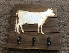 "MOO" GALVANIZED COW ON PLANKED BARNWOOD-LOOK WALL DECOR WITH 3 KEY HOOKS
