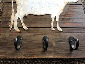 "MOO" GALVANIZED COW ON PLANKED BARNWOOD-LOOK WALL DECOR WITH 3 KEY HOOKS
