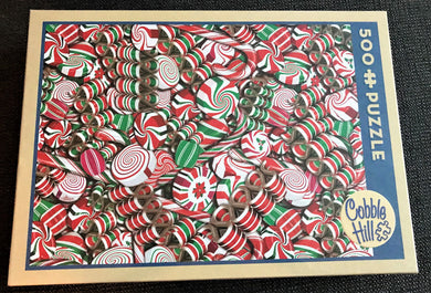 500-PIECE CHRISTMAS PUZZLE:  HO-HO-HOLIDAY! RED, WHITE, AND GREEN, OLD-FASHIONED RIBBON CANDY AND HARD CANDY PUZZLE (MADE IN THE USA! MAKES A WONDERFUL GIFT)
