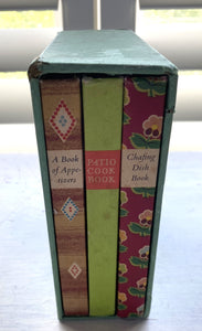 VINTAGE 3-COOKBOOK SET:  "A BOOK OF APPETIZERS," "PATIO COOK BOOK," AND "CHAFING DISH BOOK"--SO CHARMING