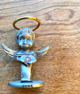 VINTAGE HALLMARK SMALL PEWTER ANGEL CHILD WITH JUNE/BIRTHSTONE