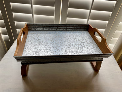 WELL-MADE, RUSTIC, ROMANTIC BREAKFAST/SERVING TRAY (GALVANIZED WITH WOOD--SIMPLE AND STURDY, WITH FOLD-DOWN LEGS)