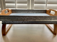 WELL-MADE, RUSTIC, ROMANTIC BREAKFAST/SERVING TRAY (GALVANIZED WITH WOOD--SIMPLE AND STURDY, WITH FOLD-DOWN LEGS)