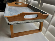 WELL-MADE, RUSTIC, ROMANTIC BREAKFAST/SERVING TRAY (GALVANIZED WITH WOOD--SIMPLE AND STURDY, WITH FOLD-DOWN LEGS)