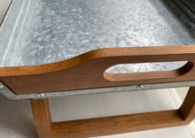 WELL-MADE, RUSTIC, ROMANTIC BREAKFAST/SERVING TRAY (GALVANIZED WITH WOOD--SIMPLE AND STURDY, WITH FOLD-DOWN LEGS)
