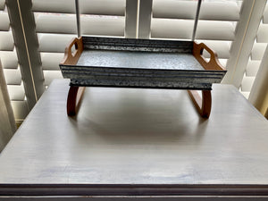 WELL-MADE, RUSTIC, ROMANTIC BREAKFAST/SERVING TRAY (GALVANIZED WITH WOOD--SIMPLE AND STURDY, WITH FOLD-DOWN LEGS)