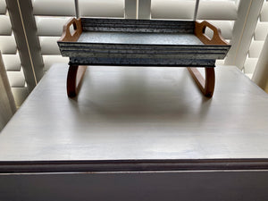 WELL-MADE, RUSTIC, ROMANTIC BREAKFAST/SERVING TRAY (GALVANIZED WITH WOOD--SIMPLE AND STURDY, WITH FOLD-DOWN LEGS)