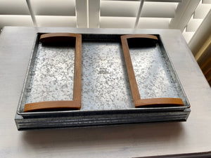 WELL-MADE, RUSTIC, ROMANTIC BREAKFAST/SERVING TRAY (GALVANIZED WITH WOOD--SIMPLE AND STURDY, WITH FOLD-DOWN LEGS)