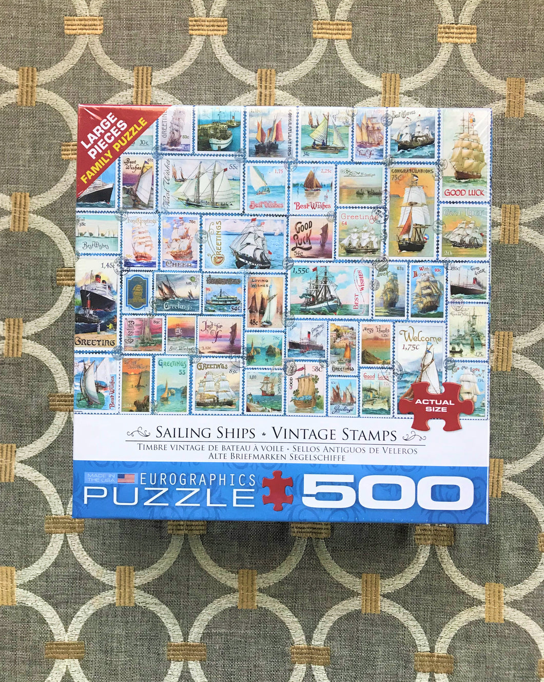 500-LARGER PIECES STAMP-THEMED PUZZLE TO HELP YOU SAIL AWAY FROM REALITY FOR A WHILE...VINTAGE-LOOK SHIP STAMPS PUZZLE (MADE IN THE USA!)