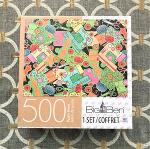 500-PIECE NEEDLES AND SCISSORS AND THREAD, OH MY! A LOVELY, QUIRKY, CRAFT-Y SEWING-THEMED PUZZLE
