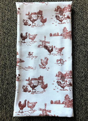 CHARMING RED TOILE-STYLE ROOSTER-AND-HEN KITCHEN/HAND TOWEL (BEAUTIFUL QUALITY)