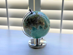 BITTY-SIZED AQUA GLOBE ON SHINY SILVER STAND (GREAT FOR A DESK, FIREPLACE MANTEL, CHILD'S SHELF, OR BOOKCASE)