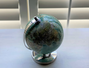 BITTY-SIZED AQUA GLOBE ON SHINY SILVER STAND (GREAT FOR A DESK, FIREPLACE MANTEL, CHILD'S SHELF, OR BOOKCASE)