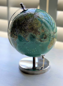 BITTY-SIZED AQUA GLOBE ON SHINY SILVER STAND (GREAT FOR A DESK, FIREPLACE MANTEL, CHILD'S SHELF, OR BOOKCASE)