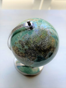 BITTY-SIZED AQUA GLOBE ON SHINY SILVER STAND (GREAT FOR A DESK, FIREPLACE MANTEL, CHILD'S SHELF, OR BOOKCASE)