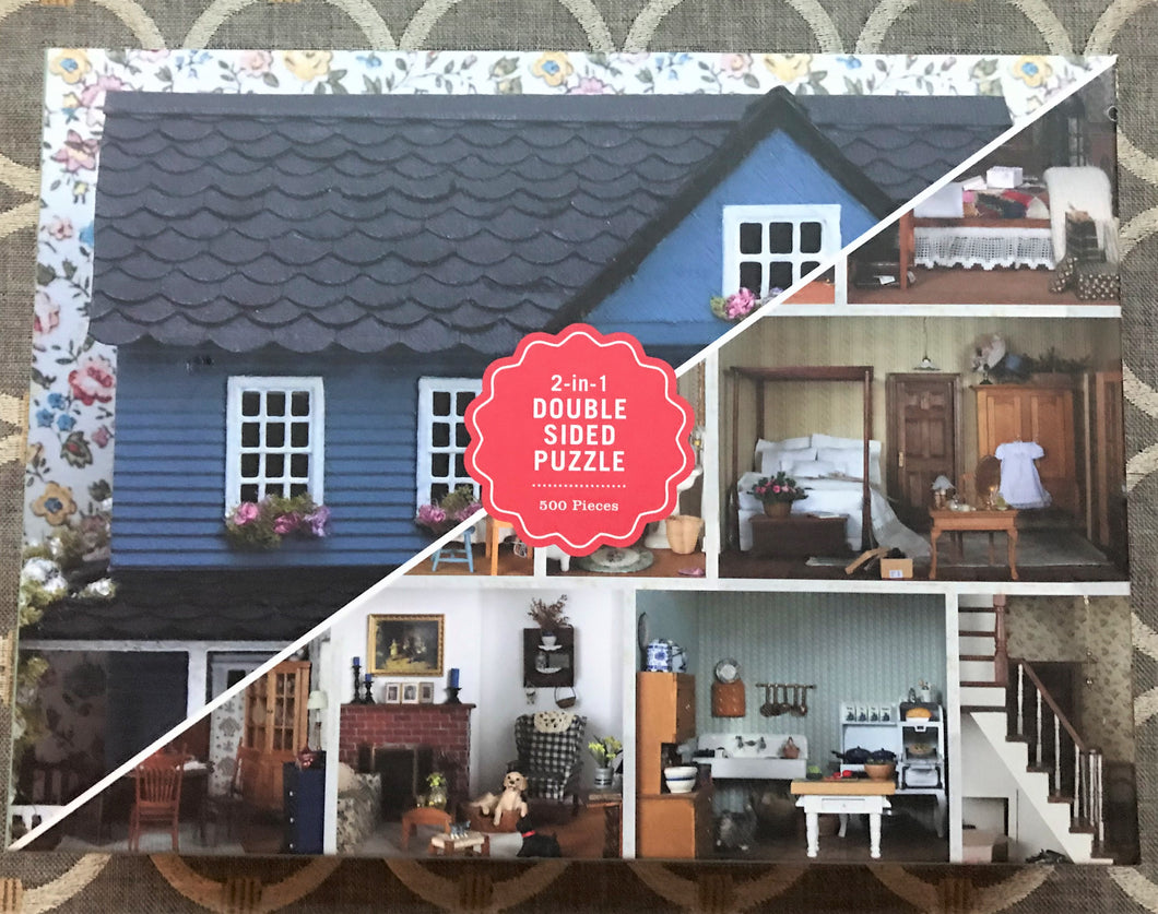 500-PIECE DOUBLE-SIDED, EXTRA-SPECIAL, TWO-SIDED PUZZLE WITH A VINTAGE DOLLHOUSE/ITS INTERIOR ROOMS (DOUBLE-THE-FUN)