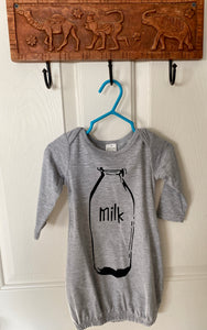 THE CUTEST "MILK" BABY GOWN (NEUTRAL GRAY, FEATURING AN OLD-SCHOOL GLASS MILK BOTTLE DESIGN)