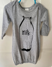 THE CUTEST "MILK" BABY GOWN (NEUTRAL GRAY, FEATURING AN OLD-SCHOOL GLASS MILK BOTTLE DESIGN)