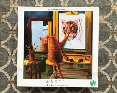 300 LARGER-PIECE ARTSY PUZZLE FOR CAT-LOVERS:  HILARIOUS, SUPER SELF-CONFIDENT CAT PAINTING A (TIGER) SELF-PORTRAIT (MADE IN THE USA!)