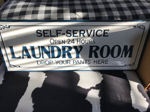 MASSIVE, HEAVY-STEEL "SELF-SERVICE LAUNDRY ROOM" FUNNY ENAMEL-FINISH WALL DECOR