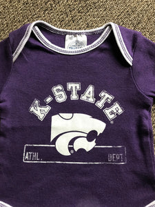 0-3 MONTHS PURPLE AND WHITE KANSAS STATE BABY BODYSUIT