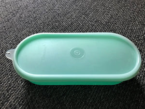 VINTAGE 2-PIECE TUPPERWARE (ITEM 1375-6) EXTRA-SMALL, GREEN, OVAL "KEEPER" CONTAINER WITH WHITE LID  (MADE IN THE USA)