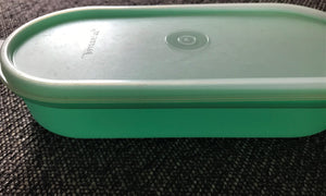 VINTAGE 2-PIECE TUPPERWARE (ITEM 1375-6) EXTRA-SMALL, GREEN, OVAL "KEEPER" CONTAINER WITH WHITE LID  (MADE IN THE USA)